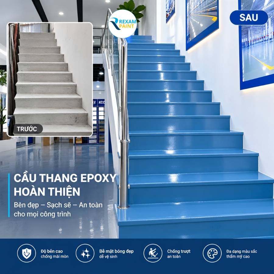 Bậc cầu thang epoxy màu xanh dương bóng sạch trong showroom thể hiện độ bền và thẩm mỹ
