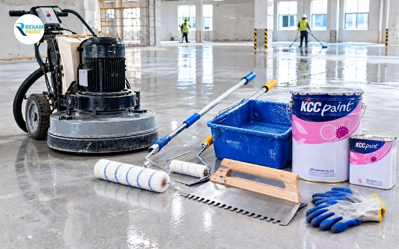 Bộ dụng cụ thi công sơn epoxy đầy đủ gồm con lăn, bàn gạt răng cưa và máy mài sàn