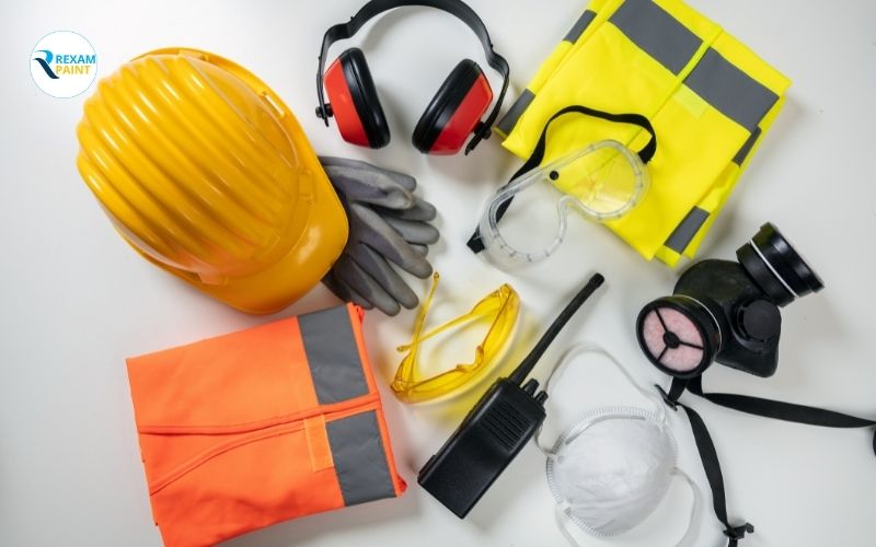 Bộ thiết bị bảo hộ cá nhân gồm khẩu trang lọc hơi hữu cơ, găng tay và kính bảo hộ dùng khi thi công sơn epoxy