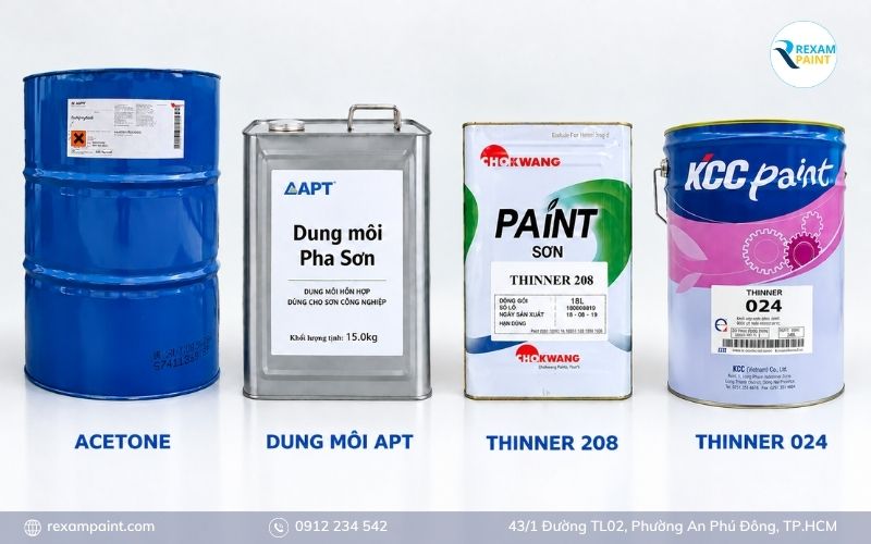 Bốn loại dung môi pha sơn epoxy phổ biến xếp thành hàng để phân biệt