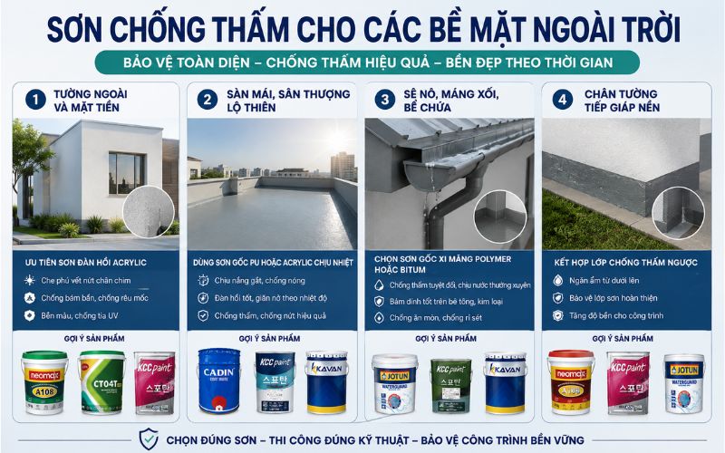 Các dòng sơn chống thấm gốc xi măng và PU phù hợp với từng loại bề mặt công trình