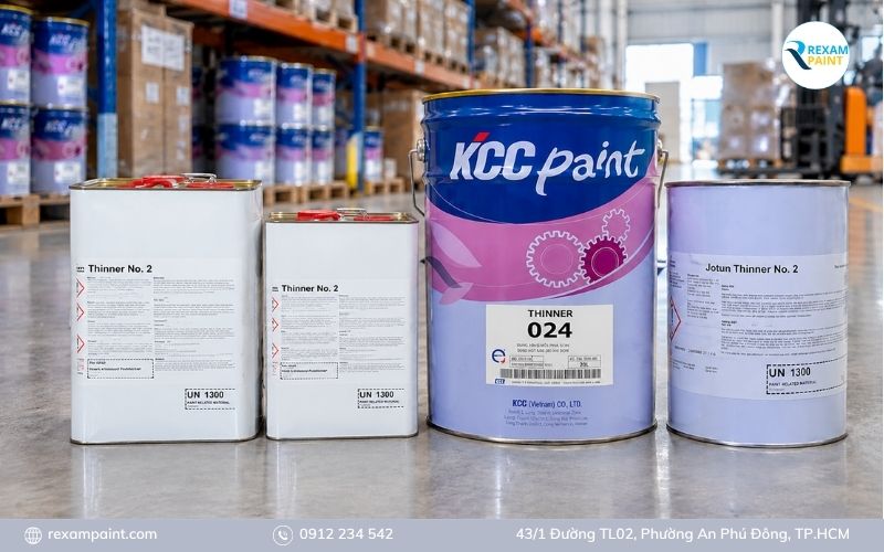 Các can dung môi pha sơn epoxy đặt cạnh thùng sơn hai thành phần tại kho