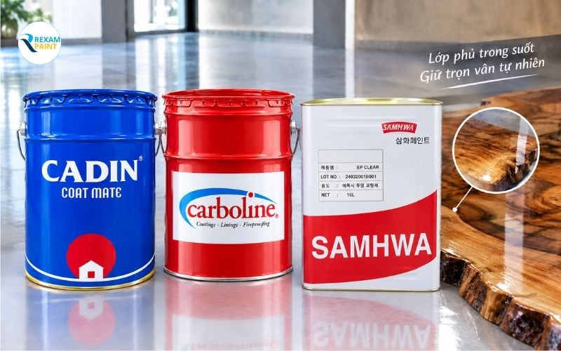 Các thùng sơn epoxy trong suốt Samhwa, Cadin và Carboline dùng cho lớp phủ giữ vân tự nhiên