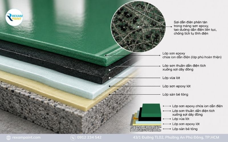 Cận cảnh lớp sơn epoxy chống tĩnh điện với sợi dẫn điện phân tán trong màng sơn
