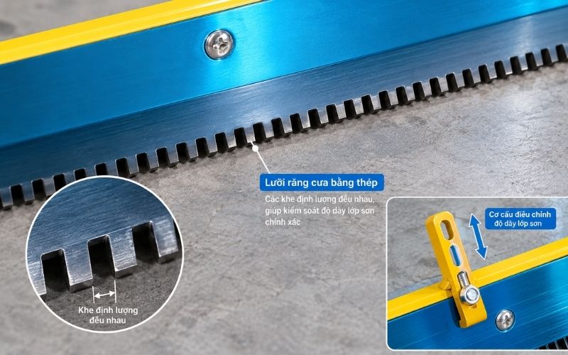 Cận cảnh lưỡi răng cưa bằng thép của bàn cào sơn epoxy với các khe định lượng đều nhau