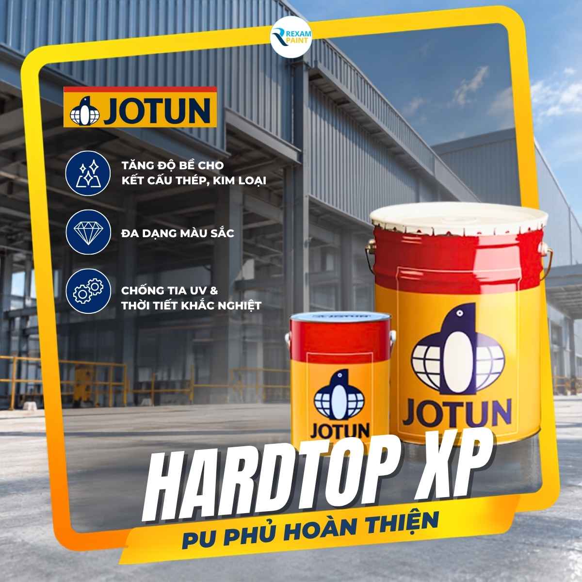 Cận cảnh thùng sơn epoxy Jotun và lớp màng sơn hoàn thiện trên bề mặt thép