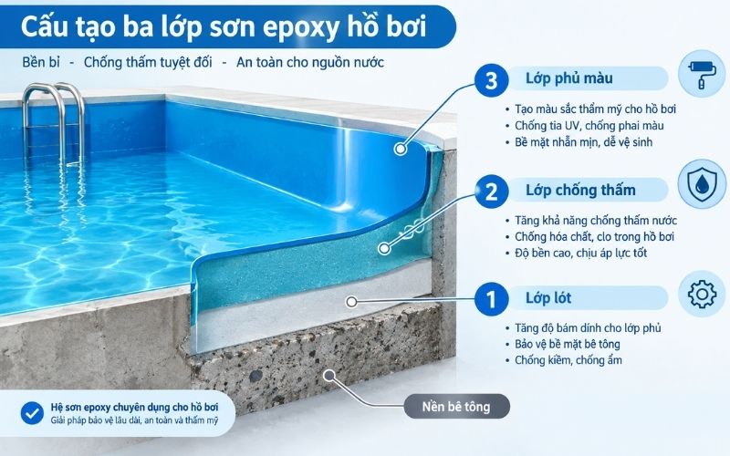 Cấu tạo ba lớp sơn epoxy hồ bơi gồm lớp lót, lớp chống thấm và lớp phủ màu