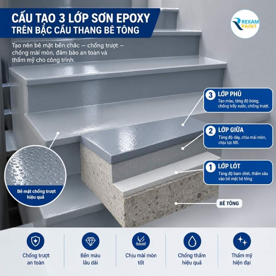 Cấu tạo ba lớp sơn epoxy trên bậc cầu thang bê tông gồm lớp lót lớp giữa và lớp phủ