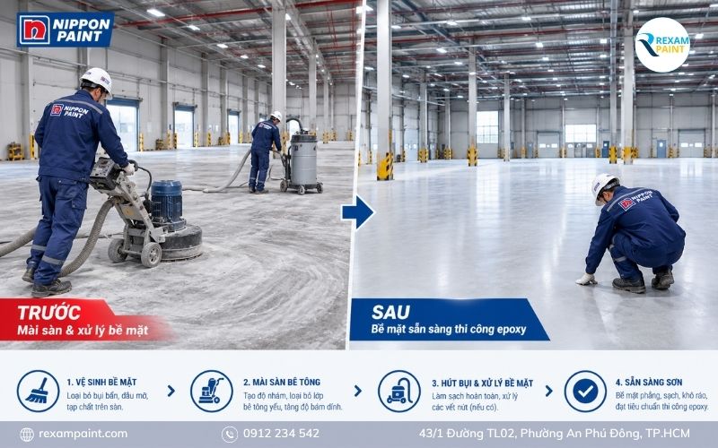 Chuẩn bị bề mặt và mài sàn bê tông trước khi sơn epoxy Nippon