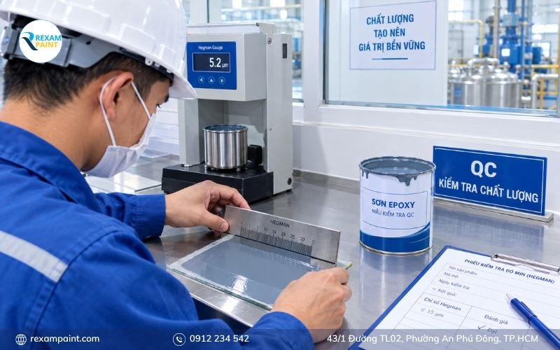 Công nhân kiểm tra độ mịn mẻ sơn epoxy trên máy đo trong quy trình sản xuất