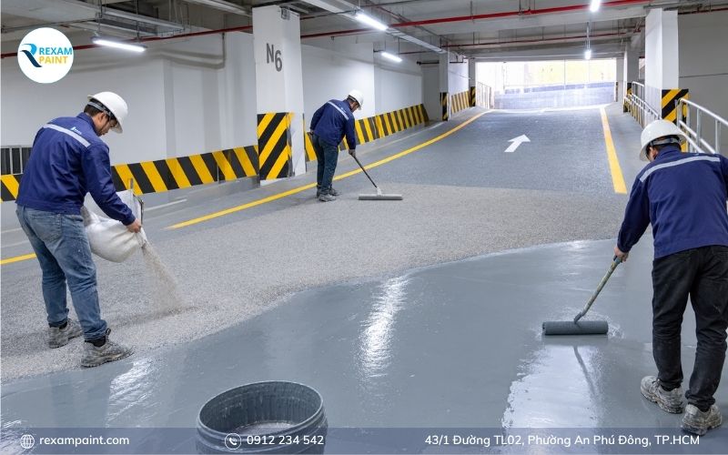 Công nhân rải cát thạch anh lên lớp sơn epoxy trên ram dốc đang thi công