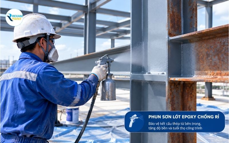 Xử lý làm sạch bề mặt thép đen bằng máy mài trước khi sơn epoxy