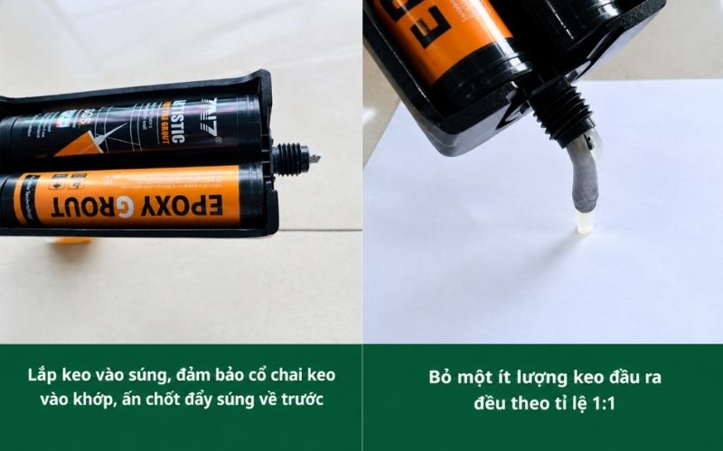 Hai thành phần nhựa và chất đóng rắn của keo dán gạch gốc epoxy trước khi trộn
