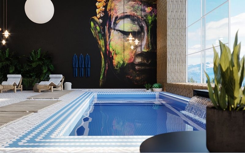 Hồ bơi ốp gạch mosaic dùng keo dán gạch epoxy chống thấm ở mạch gạch