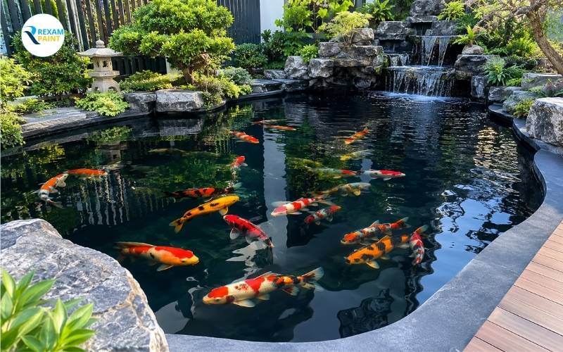 Hồ cá koi ngoài trời được phủ sơn epoxy nền tối làm nổi bật đàn cá koi