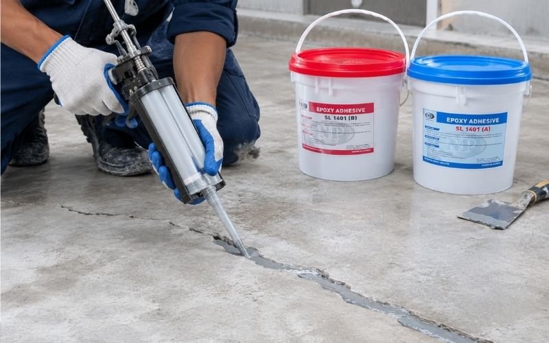 Keo chống thấm epoxy hai thành phần đang được thi công trám khe nứt trên sàn bê tông