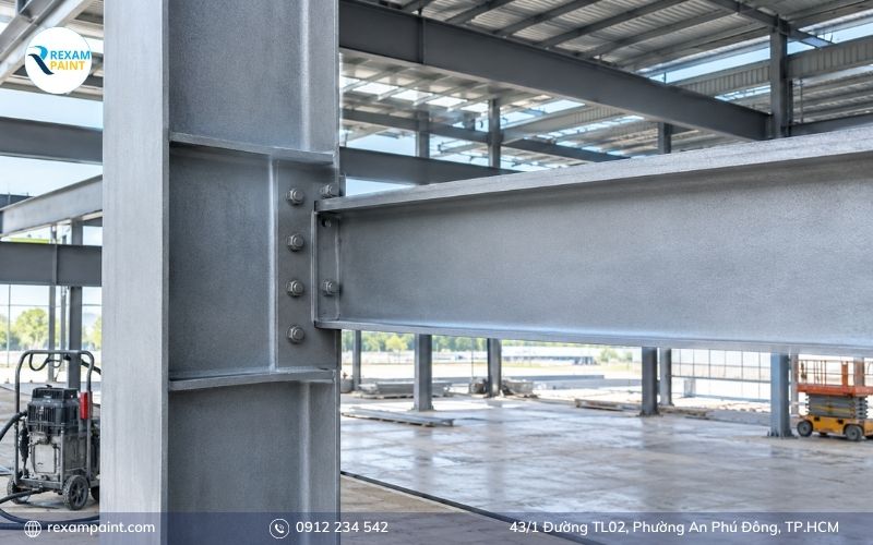Kết cấu thép công nghiệp được làm sạch bề mặt để chuẩn bị sơn epoxy chống rỉ