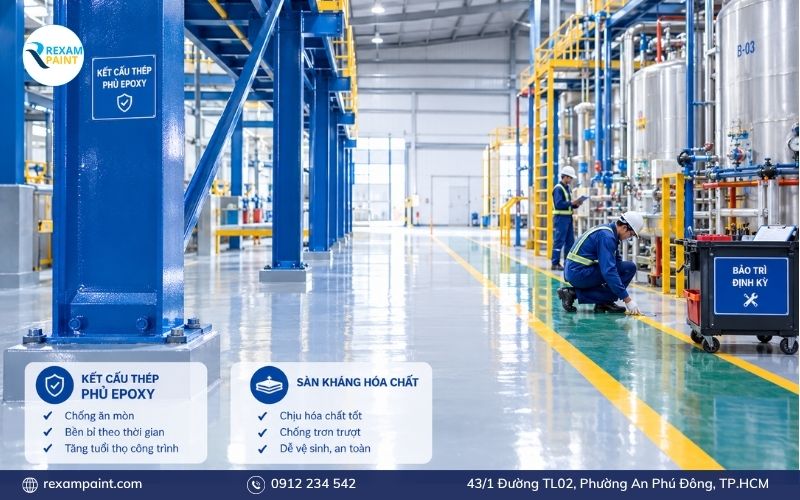 Kết cấu thép phủ epoxy và sàn kháng hóa chất trong nhà máy công nghiệp có tổ chức bảo trì