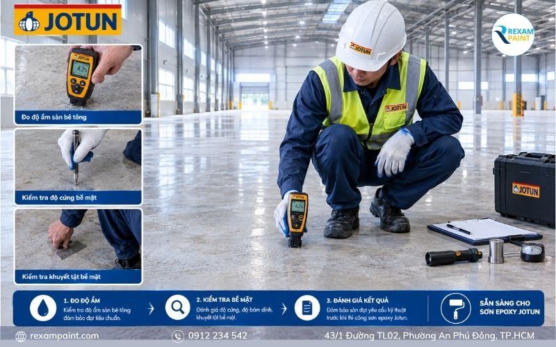 Kỹ thuật viên đo độ ẩm và kiểm tra bề mặt bê tông trước khi sơn epoxy Jotun