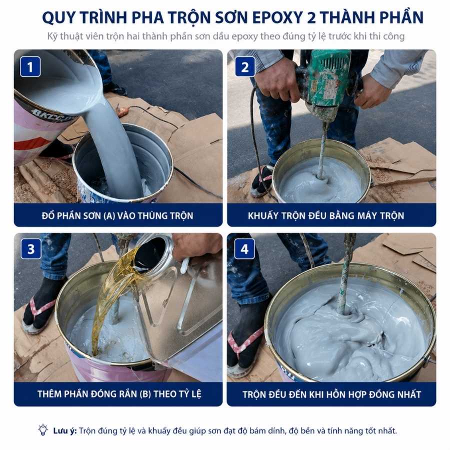Kỹ thuật viên trộn hai thành phần sơn dầu epoxy theo đúng tỷ lệ trước khi thi công