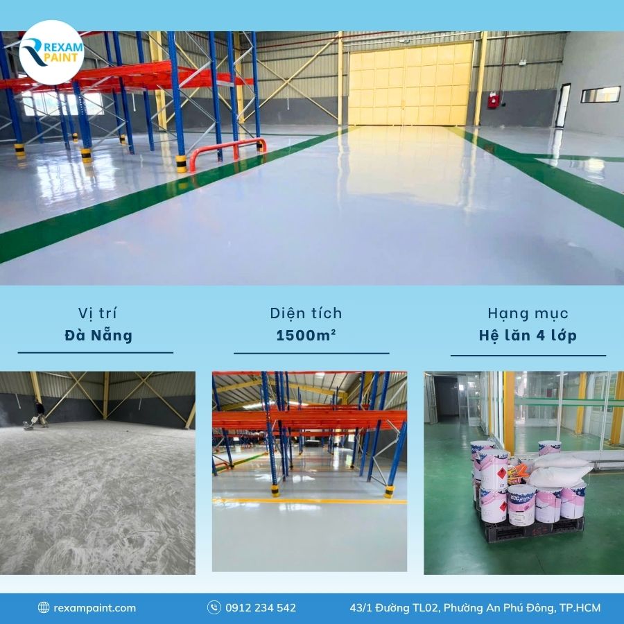 Nền nhà xưởng bê tông sau khi phủ sơn epoxy bóng màu xám