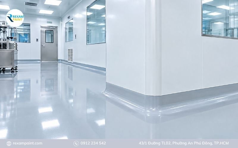 Phòng sạch đạt chuẩn GMP với sàn và tường sơn epoxy bo góc cong liền mạch