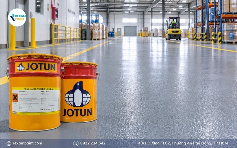 Sàn bê tông nhà xưởng phủ sơn chống trượt Jotun màu xám tạo bề mặt nhám