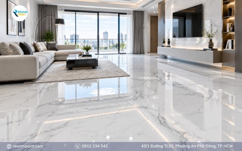 Sàn epoxy giả đá vân marble trắng bóng gương trong phòng khách hiện đại