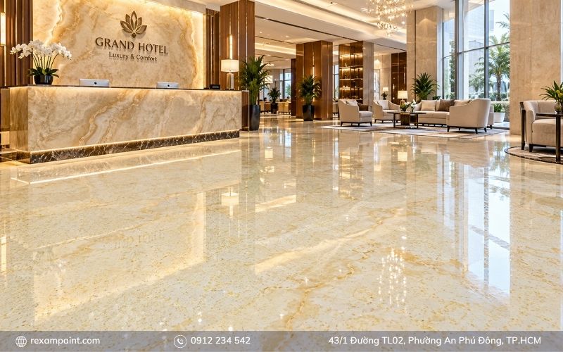Sàn epoxy giả đá vân onyx nâu vàng trong sảnh khách sạn sang trọng