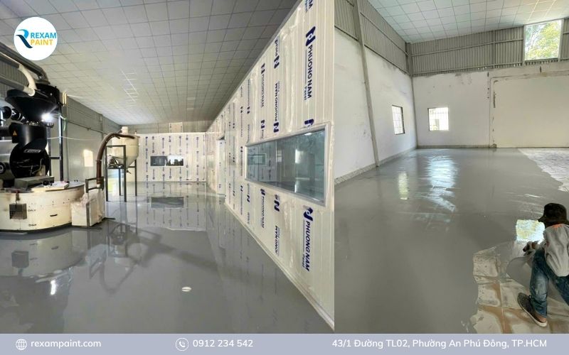 Sàn gạch men cũ được phủ lớp sơn epoxy màu xám phẳng liền mạch sau cải tạo