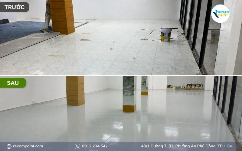 Sàn gạch men cũ được phủ lớp sơn epoxy màu xám phẳng liền mạch sau cải tạo