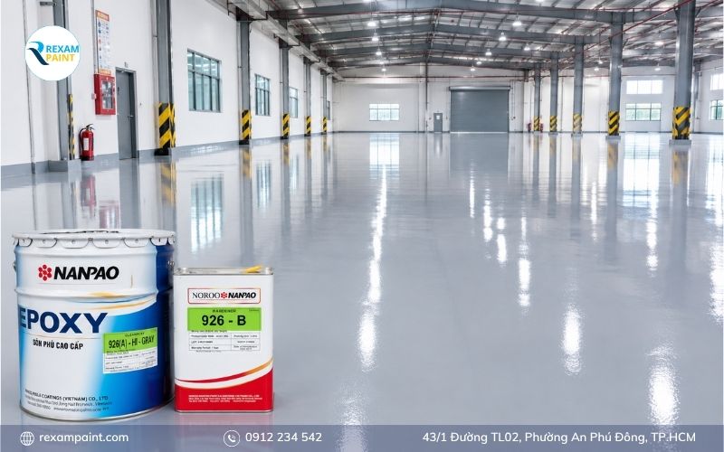 Sàn nhà xưởng thi công sơn epoxy Nanpao tự san phẳng phẳng mịn