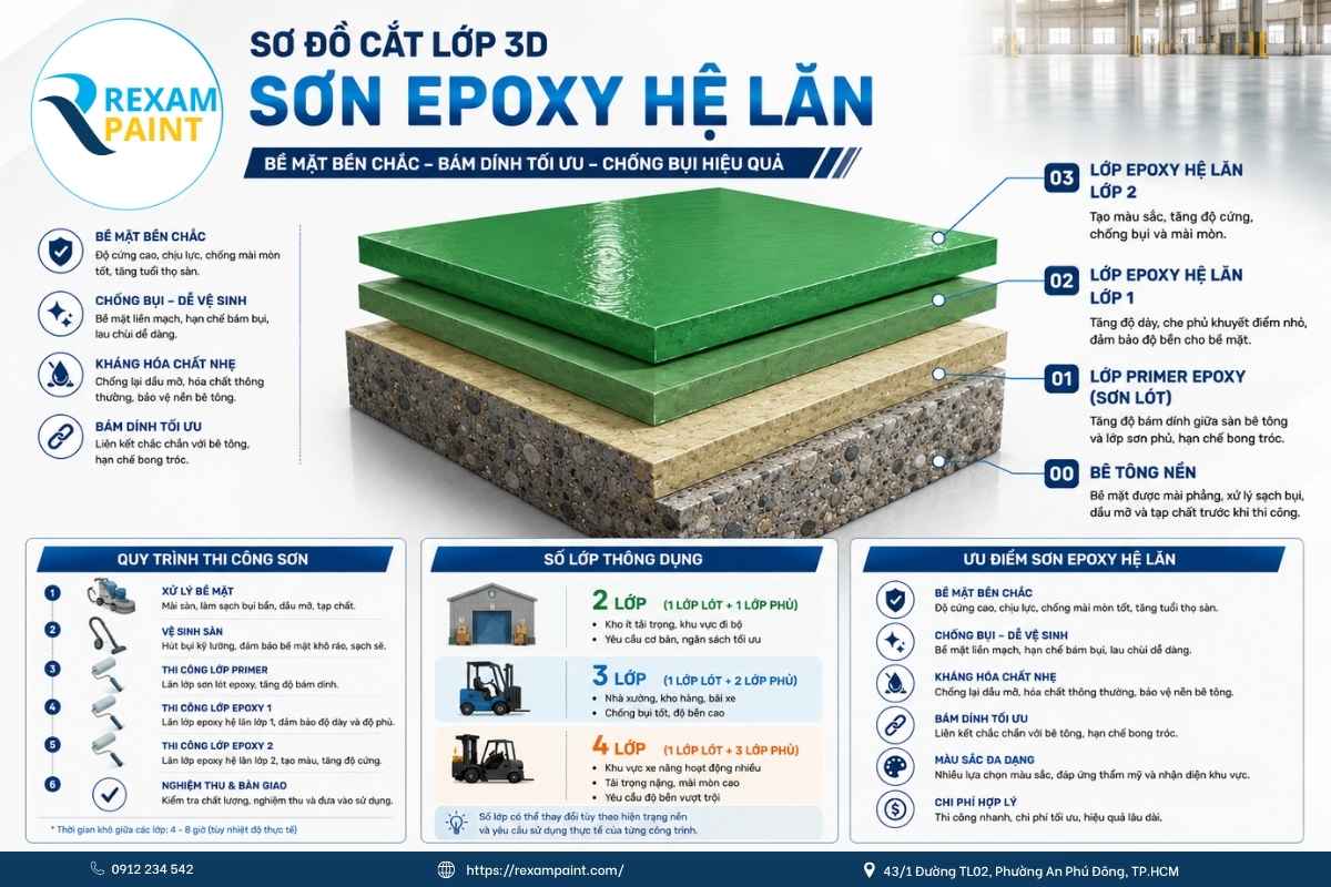 Sơ đồ ba lớp hệ sơn sàn epoxy gồm lớp lót, lớp trung gian và lớp phủ hoàn thiện
