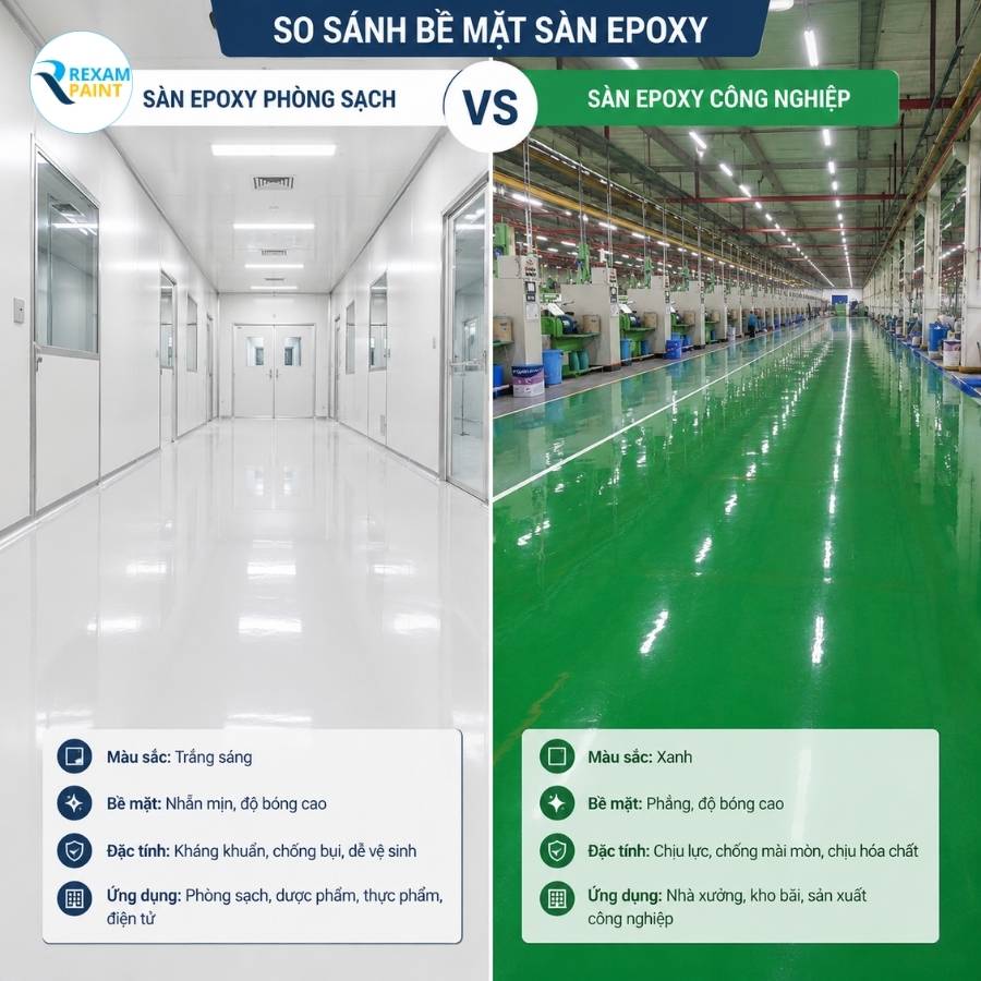 Bề mặt sàn epoxy trắng sạch và sàn màu tối trong nhà máy