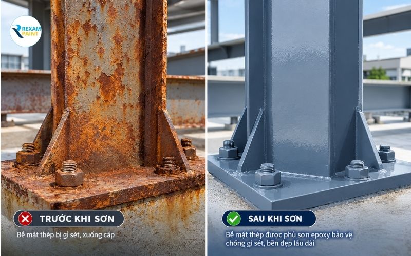 So sánh bề mặt thép đã xử lý sạch và bề mặt thép còn rỉ trước khi sơn epoxy