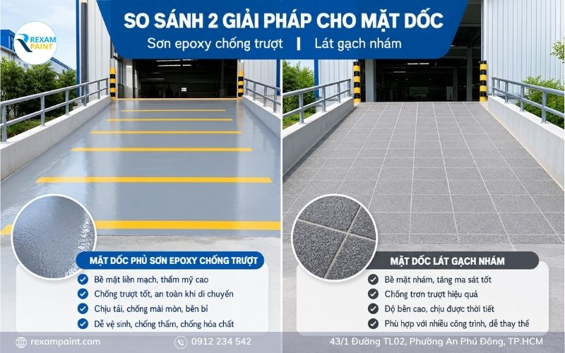 So sánh mặt dốc phủ sơn epoxy chống trượt và mặt dốc lát gạch nhám