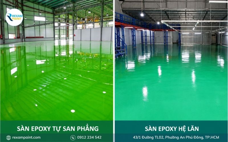 So sánh mẫu sàn epoxy hệ lăn và sàn epoxy tự san phẳng bóng gương