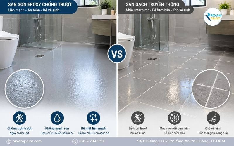 So sánh sàn sơn chống trượt liền mạch với sàn gạch có mạch ron trong nhà tắm