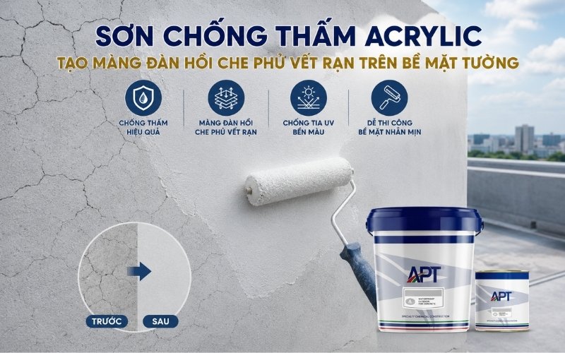 Màng sơn chống thấm acrylic đàn hồi che phủ vết rạn chân chim trên tường]