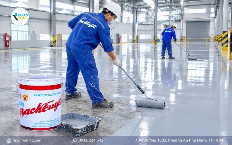 Thi công lớp sơn phủ epoxy Bạch Tuyết trên sàn bê tông nhà xưởng