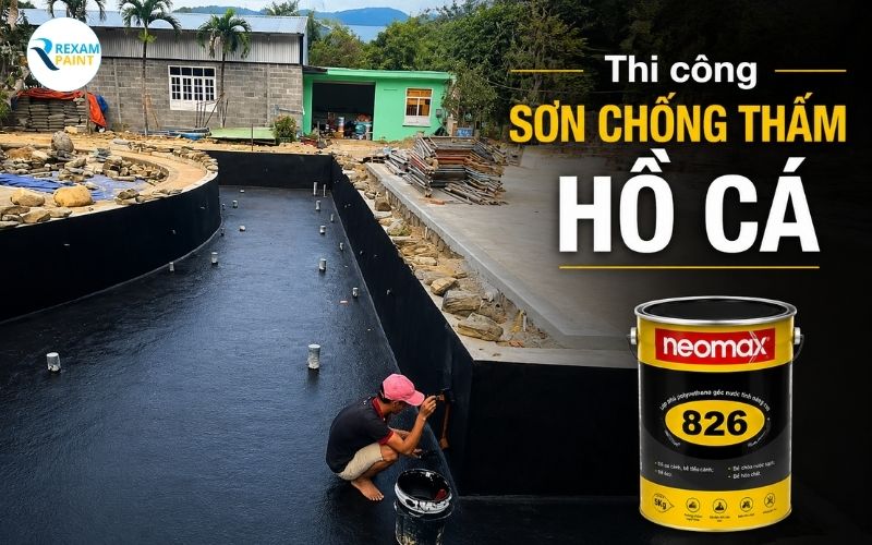 Thợ thi công quét sơn chống thấm hồ cá lên thành hồ bê tông