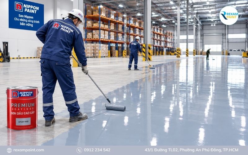 Thi công sơn epoxy Nippon cho sàn kho logistics rộng