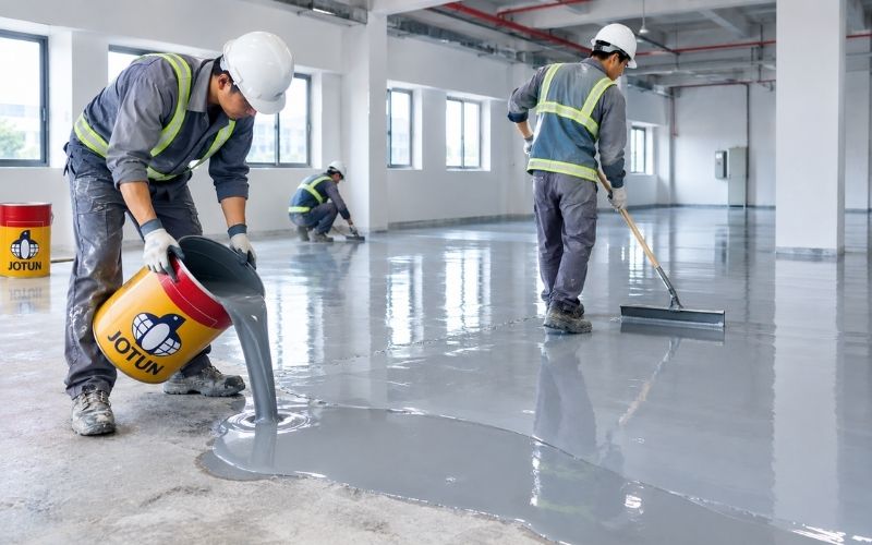Thợ đổ và gạt lớp sơn epoxy tự phẳng Jotun trên sàn bê tông