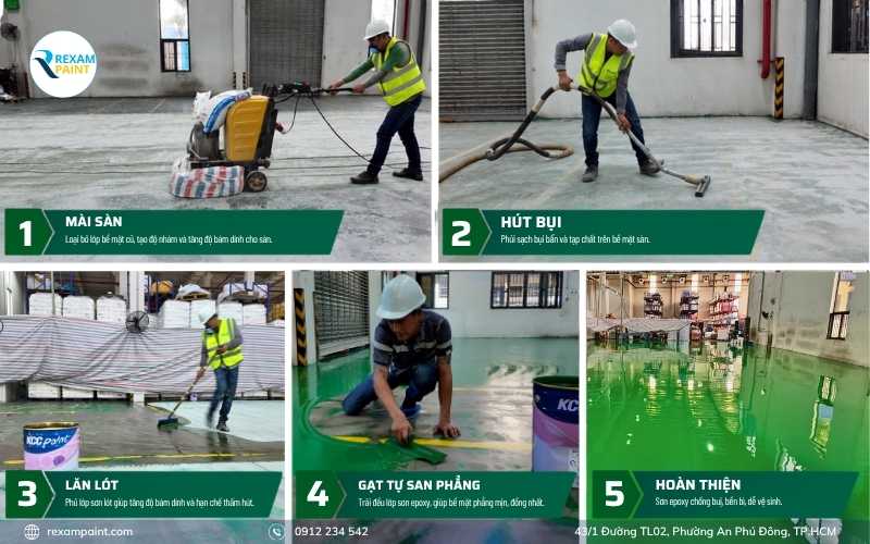 Thợ thi công mài và lăn lớp lót epoxy trên nền bê tông