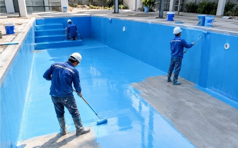 Thợ thi công lăn lớp phủ sơn epoxy lên thành và đáy hồ bơi bê tông