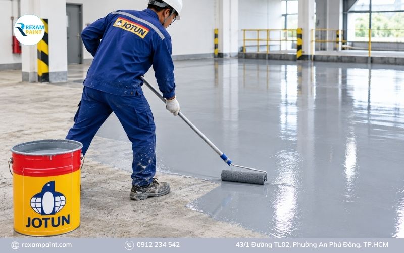 Thợ thi công lăn lớp sơn phủ epoxy chống trượt Jotun trên sàn bê tông