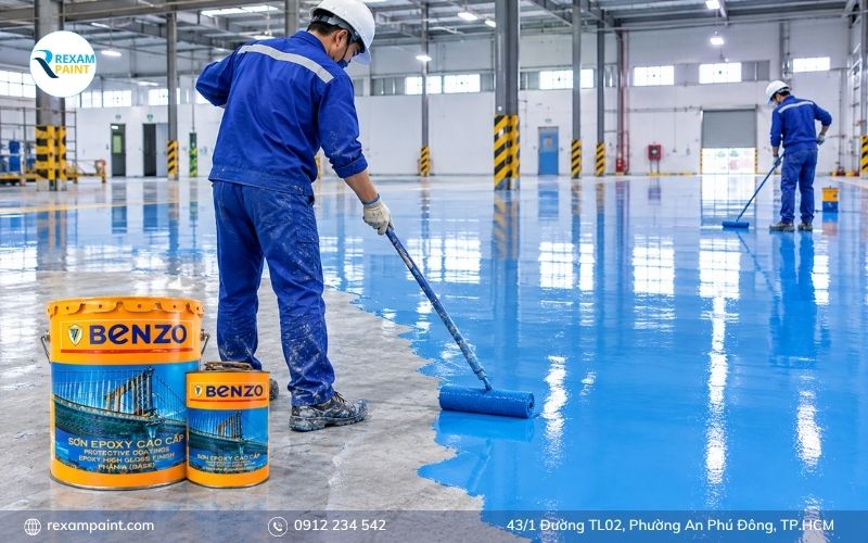Thợ thi công lăn sơn epoxy Benzo trên nền bê tông nhà xưởng đã xử lý bề mặt