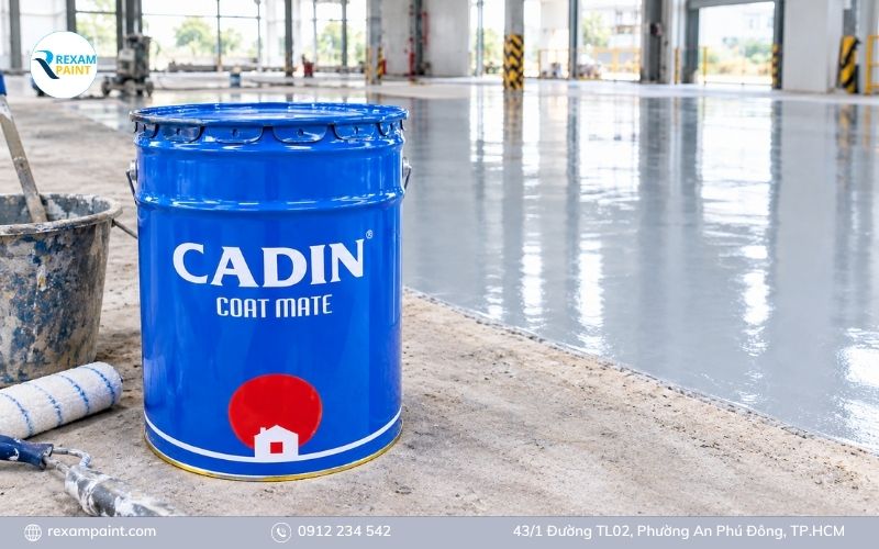 Thùng sơn epoxy Cadin chính hãng đặt cạnh sàn bê tông vừa thi công