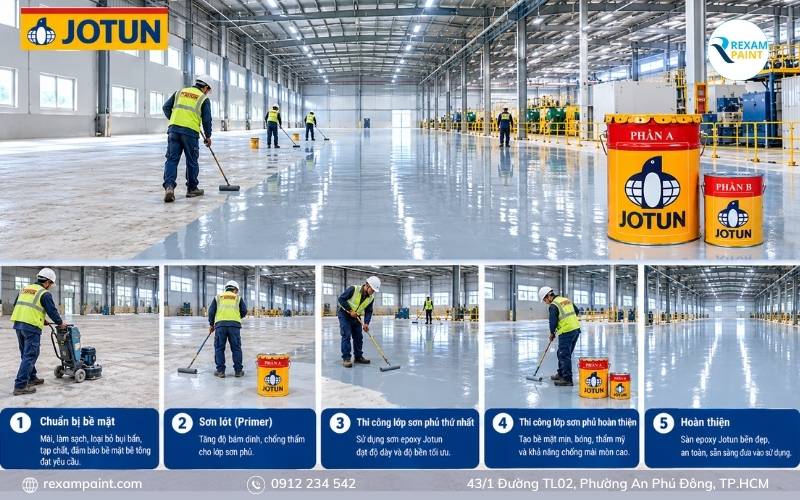 Thợ thi công đo và pha sơn epoxy Jotun hai thành phần tại công trình sàn nhà xưởng