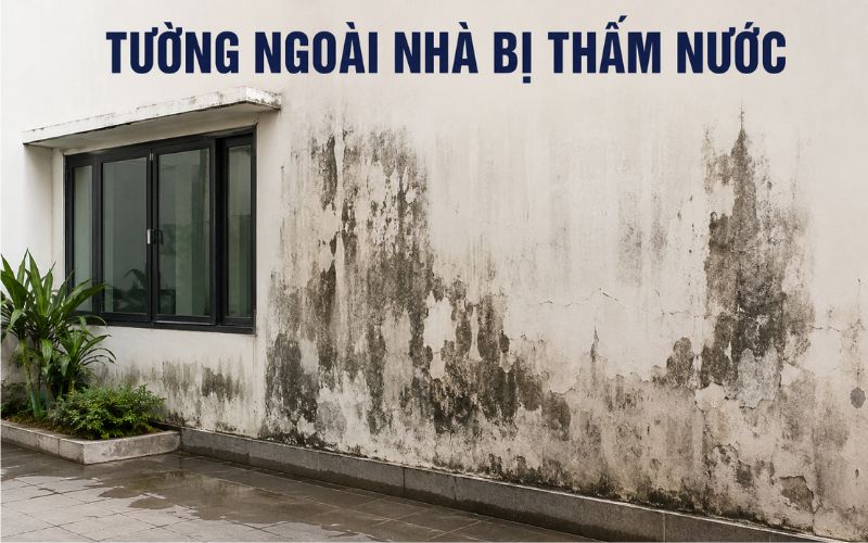 Tường ngoài nhà bị thấm nước loang lổ và nấm mốc cần sơn chống thấm tường